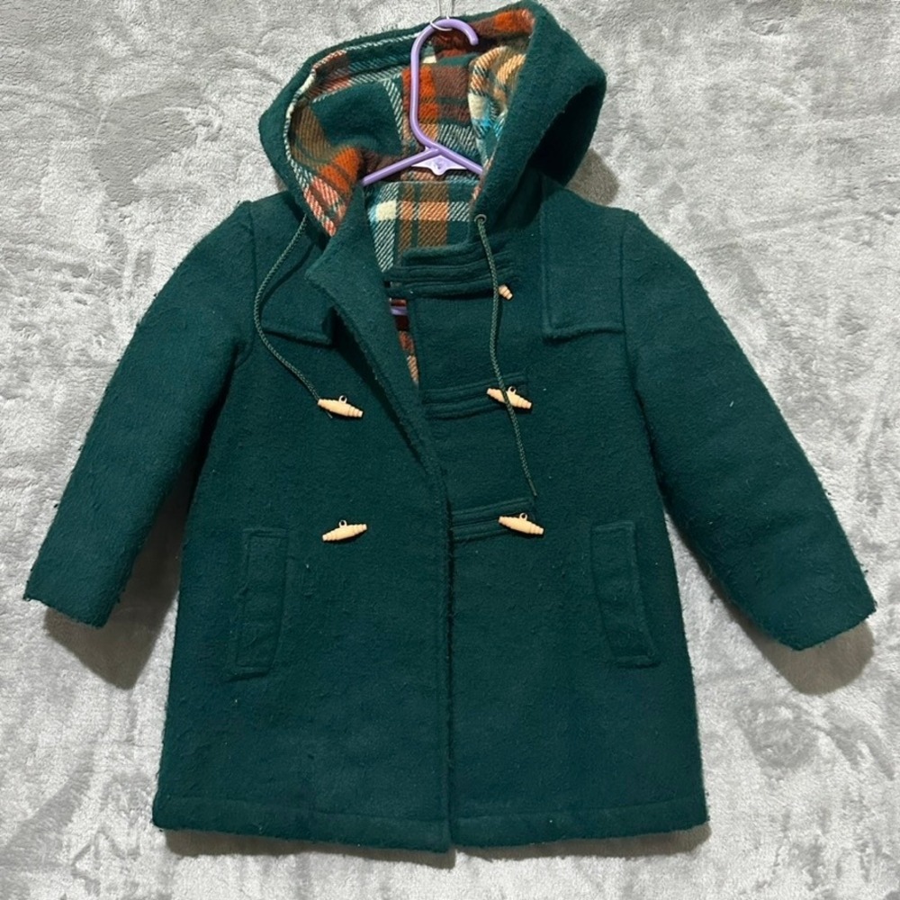 Vintage Sears Kids Green Duffle Coat Hooded Plaid Lined Toggle Jacket Size 5
